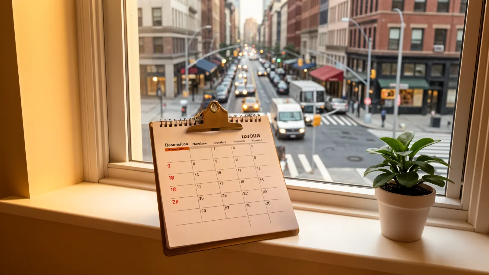 Maintenance calendar and checklist for scheduled NYC sidewalk cleaning with a city skyline view