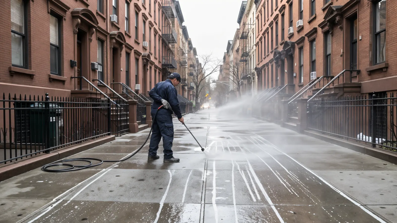 Pressure washing a NYC sidewalk to remove dirt and stains