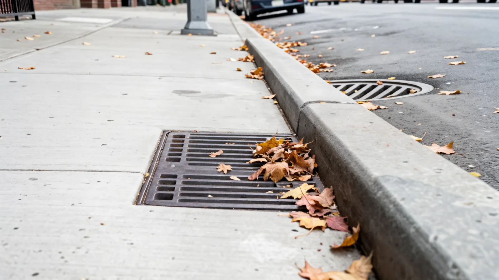 NYC sidewalk grate and curb detail on a tree-lined autumn street