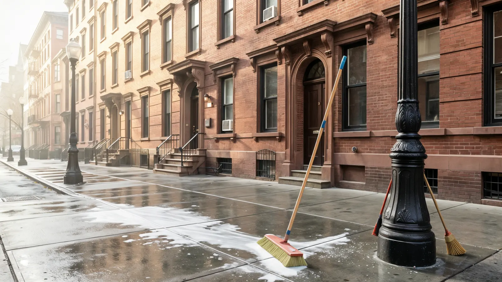 Freshly swept NYC sidewalk in front of a brick residential building